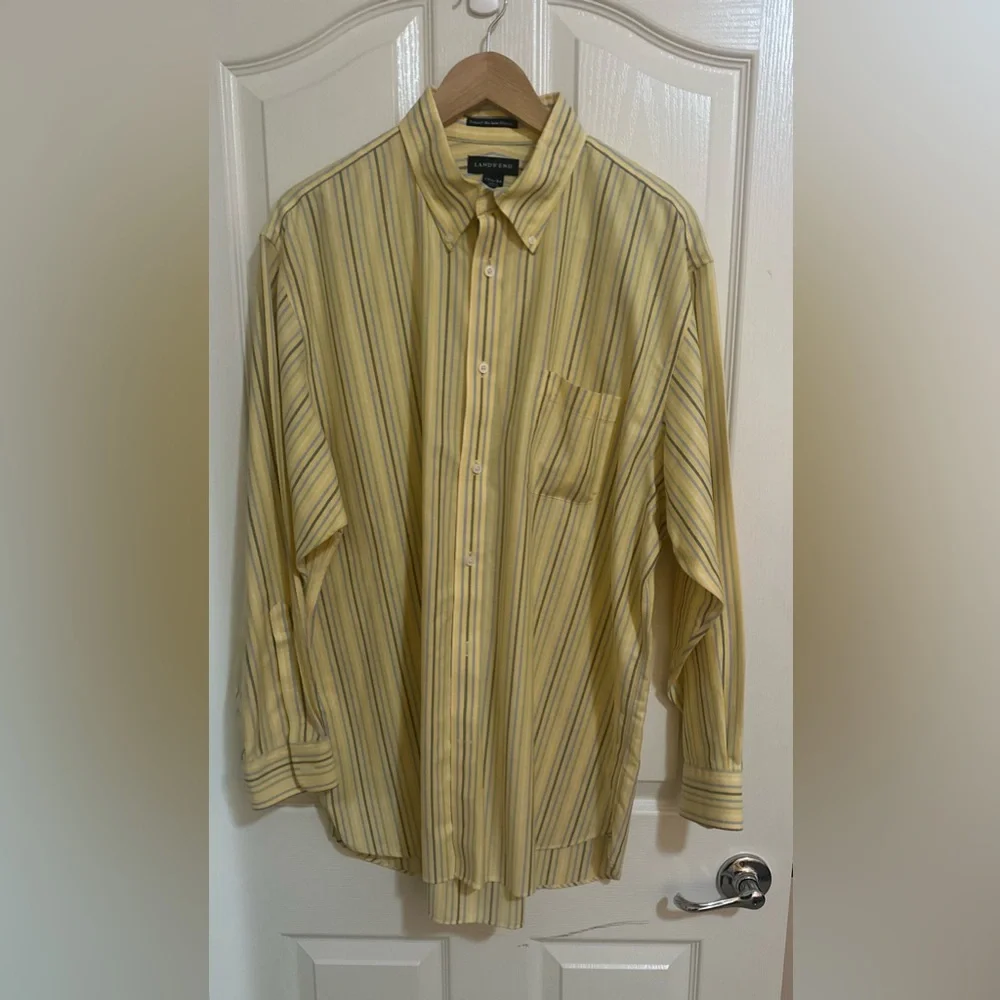 NWOT Men’s LAND END Supima‎ Non Iron Oxford Yellow Striped Dress Shirt. 17.5-34.